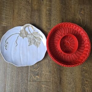 Pumpkin Shaped Serving Platter & Red Woven Chip and Dip Tray Set